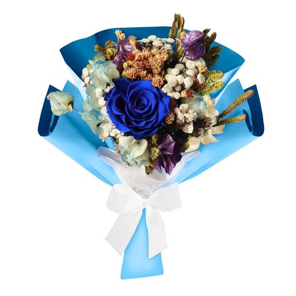 Buquê Rosa Encantada e Flor Seca Azul