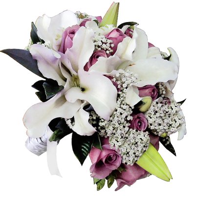 Buquê de Noiva com Lírios Brancos e Rosas Lilás