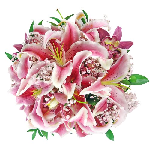 Buquê de Noiva com Lírios Cor de Rosa e Gypsophilas | Giuliana Flores
