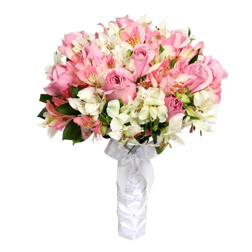 Buquê de Noiva com Rosas Lilás e Astromélias Brancas