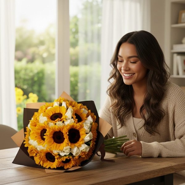 Mega Buquê com Girassóis e Rosas Brancas