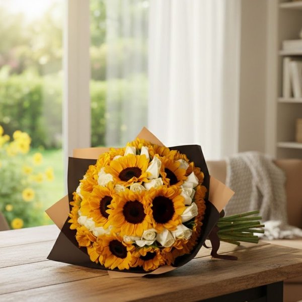 Mega Buquê com Girassóis e Rosas Brancas