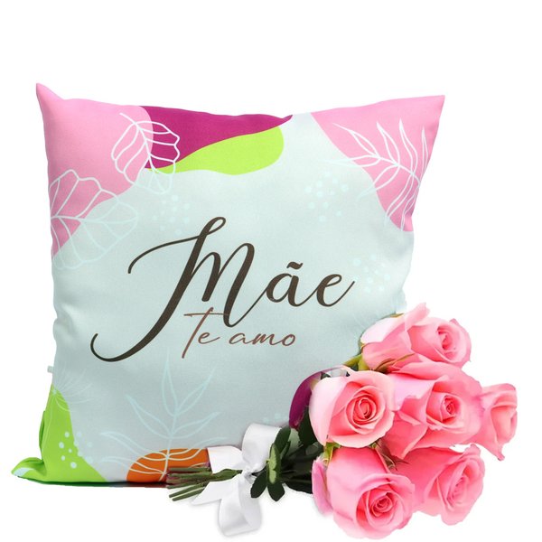 Buquê de 6 Rosas Cor de Rosa e Almofada Mãe