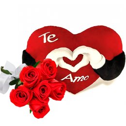 Imagem de Buquê de 6 Rosas e Coração de Pelúcia