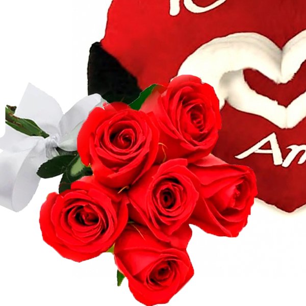 Buquê de 6 Rosas e Coração de Pelúcia