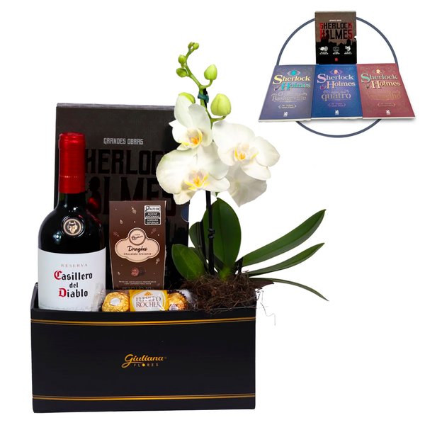 Cesta Gourmet com Orquídea e Livros Sherlock Holmes