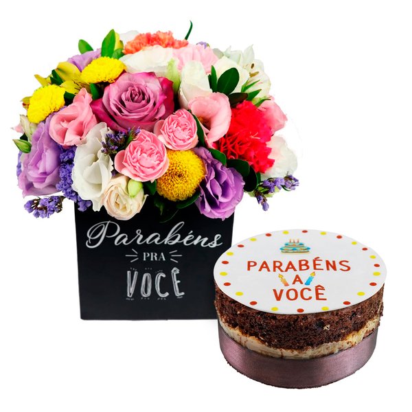 Mix de Flores no Box e Bolo Parabéns para Você