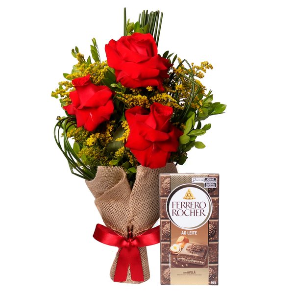 Arranjo de 3 Lindas Rosas e Barra de chocolate Ferrero