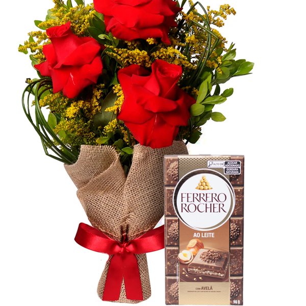 Arranjo de 3 Lindas Rosas e Barra de chocolate Ferrero