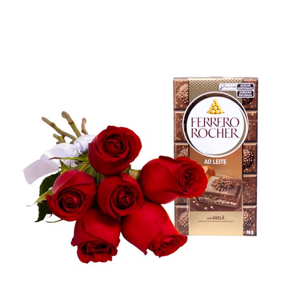 Buquê de 6 Rosas Vermelhas e Barra de Chocolate Ferrero