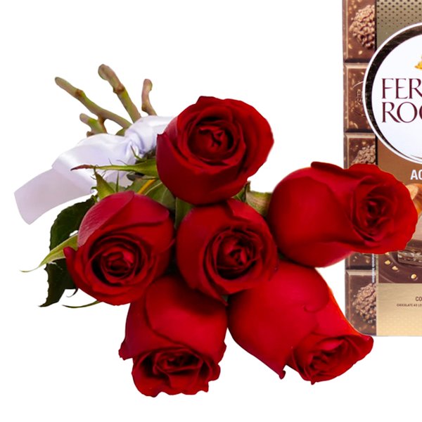 Buquê de 6 Rosas Vermelhas e Barra de Chocolate Ferrero