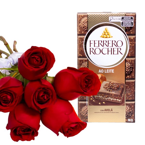 Buquê de 6 Rosas Vermelhas e Barra de Chocolate Ferrero
