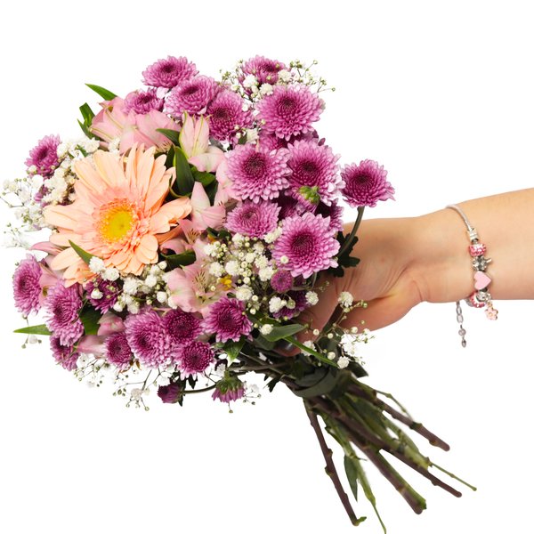 Buquê de Flores e Livro com Pulseira Felicidade