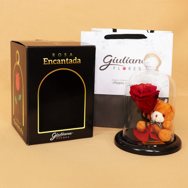 Mini Rosa Encantada Vermelha e Urso Chaveirinho