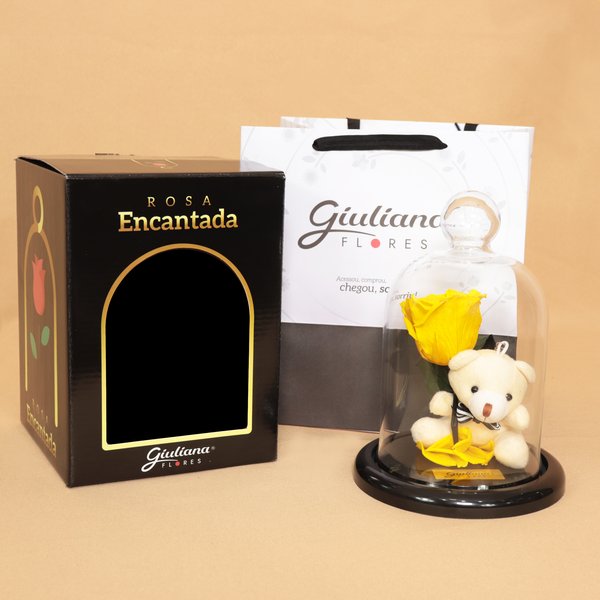 Mini Rosa Encantada Amarela e Urso Chaveirinho