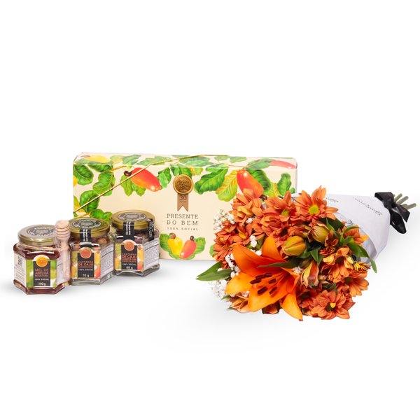 Kit Amigos do Bem e Buque Mix de Flores Laranja