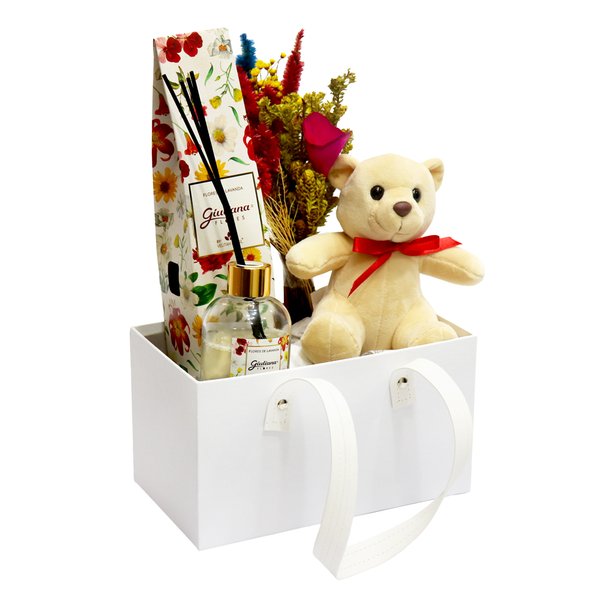 Box com Difusor Encontro Floral Giuliana Flores e Urso Leleco e Flores Secas
