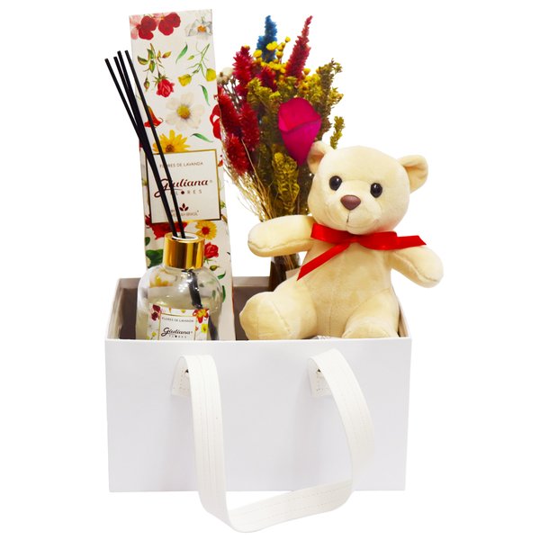Box com Difusor Encontro Floral Giuliana Flores e Urso Leleco e Flores Secas