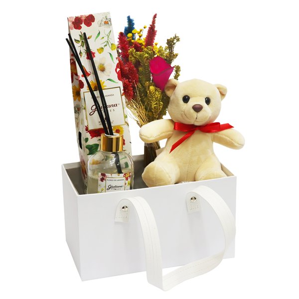 Box com Difusor Encontro Floral Giuliana Flores e Urso Leleco e Flores Secas
