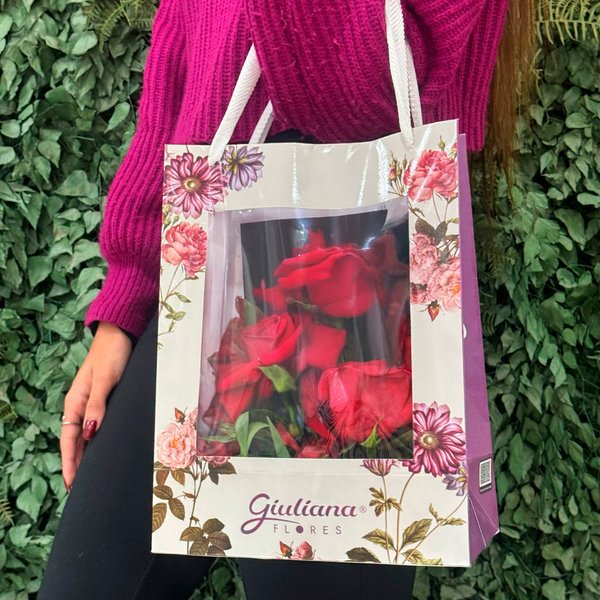 3 Lindas Rosas Vermelhas na Bag Floral