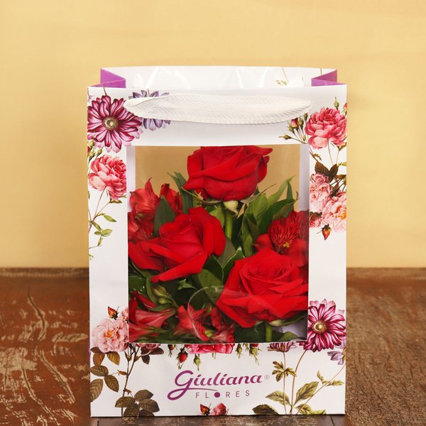 3 Lindas Rosas Vermelhas na Bag Floral