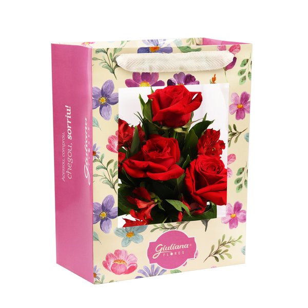 3 Lindas Rosas Vermelhas na Bag Floral