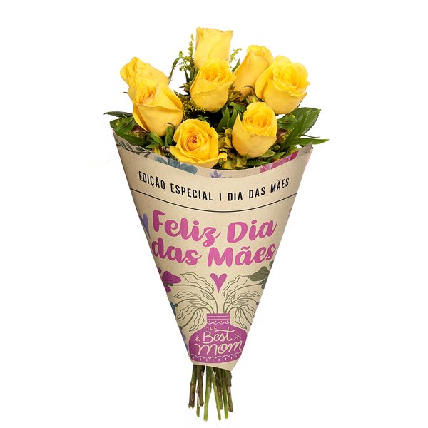 Buquê Maravilha com 8 Rosas Amarelas Mãe Feliz