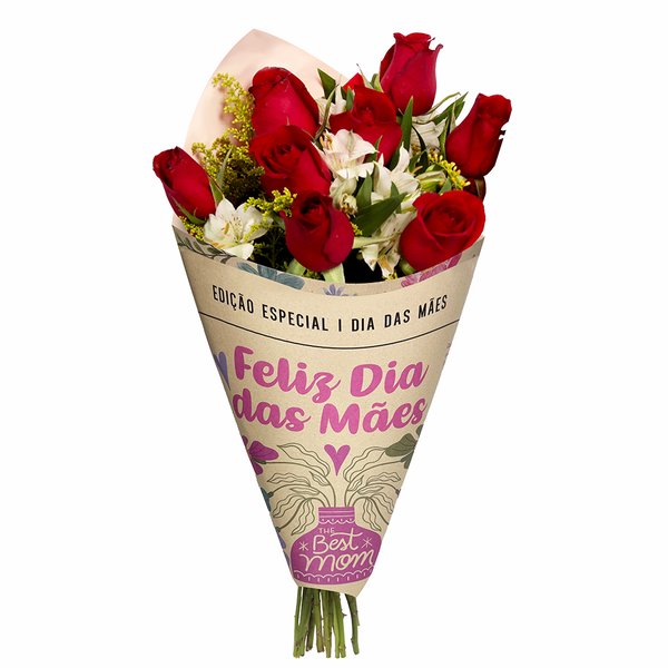 Buquê Maravilha com 8 Rosas Vermelhas Mãe Feliz