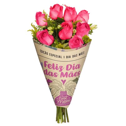 Buquê Maravilha com 8 Rosas Pink Mãe Feliz