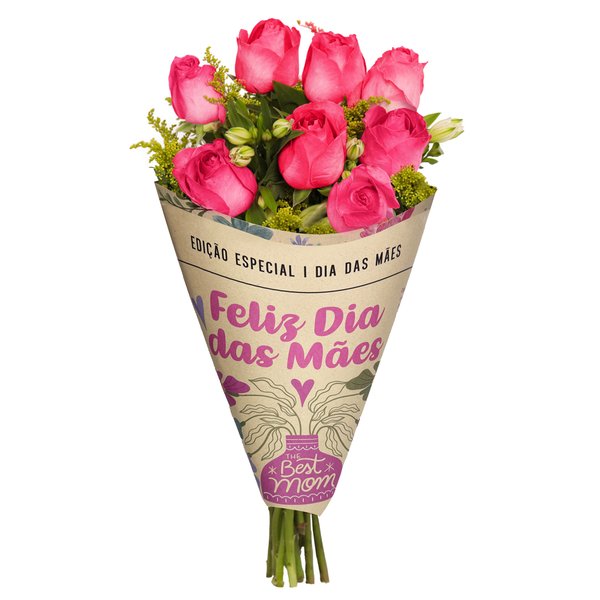 Buquê Maravilha com 8 Rosas Pink Mãe Feliz