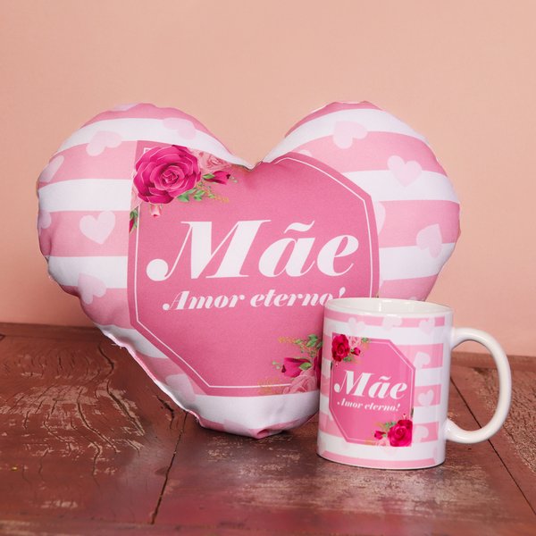 Kit Almofada Coração e Caneca Mãe Amor Eterno