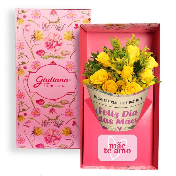 Buquê Maravilha de Rosas Amarelas no Box Mãe Te Amo