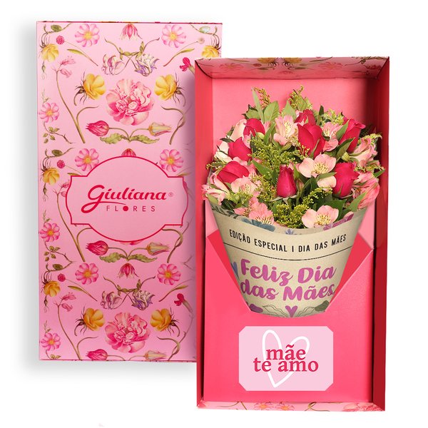 Buquê Maravilha de Rosas Pink no Box Mãe Te Amo