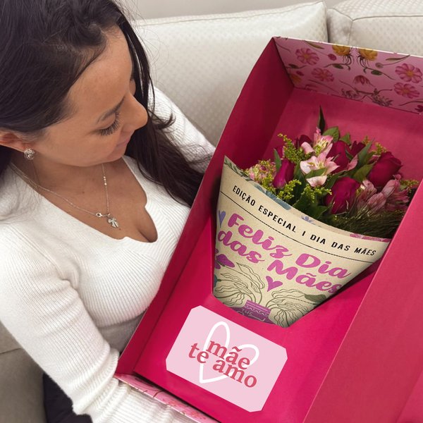 Buquê Maravilha de Rosas Pink no Box Mãe Te Amo