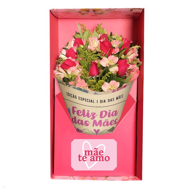 Buquê Maravilha de Rosas Pink no Box Mãe Te Amo