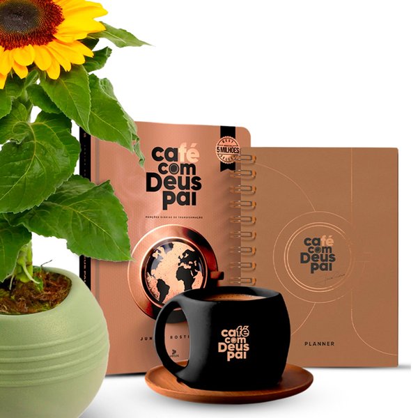 Vaso Girassol com Kit Planner e Caderno Café com Deus Pai