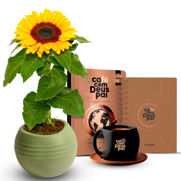 Vaso Girassol com Kit Planner e Caderno Café com Deus Pai