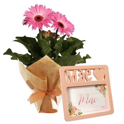 Gérbera Plantada Pink e Porta Retrato Mãe Coração 10x15