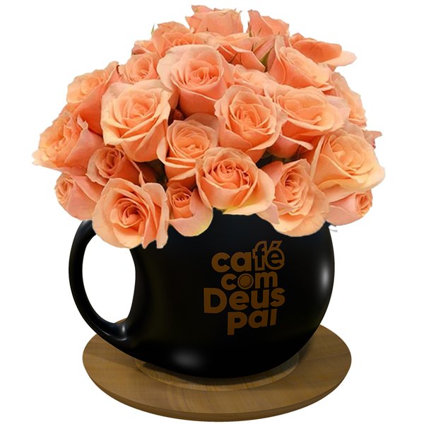 Caneca Café com Deus Pai e Mini Rosas Champanhe