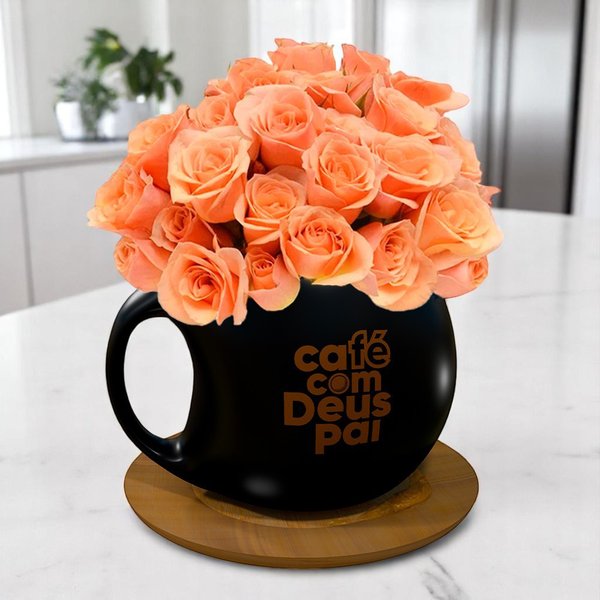 Caneca Café com Deus Pai e Mini Rosas Champanhe
