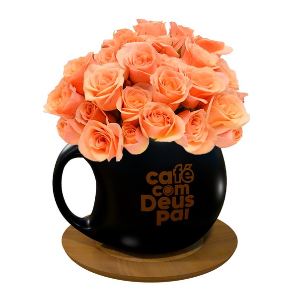 Caneca Café com Deus Pai e Mini Rosas Champanhe