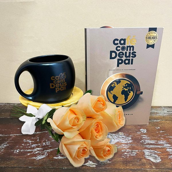 Buquê de 6 Rosas Champanhe com Livro e Caneca Café com Deus Pai