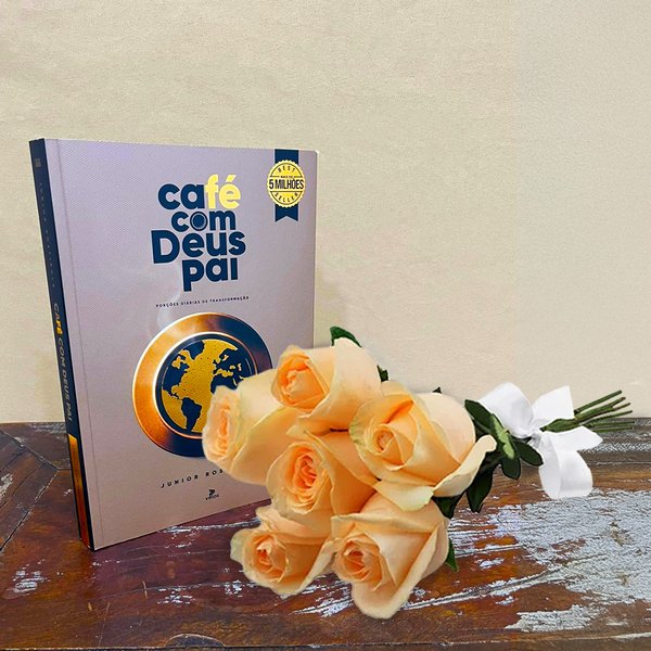 Buquê de 6 Rosas Champanhe com Livro Café com Deus Pai