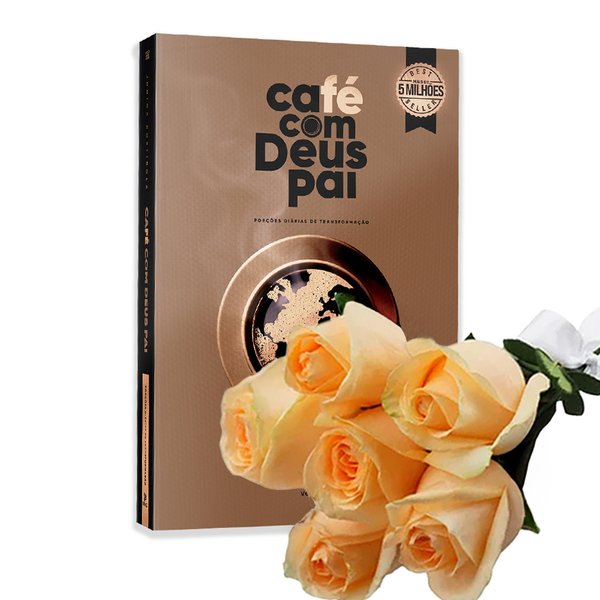 Buquê de 6 Rosas Champanhe com Livro Café com Deus Pai