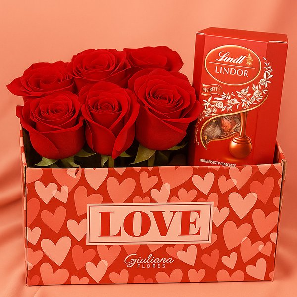 Box Love com Rosas Vermelhas e Bombom Lindt