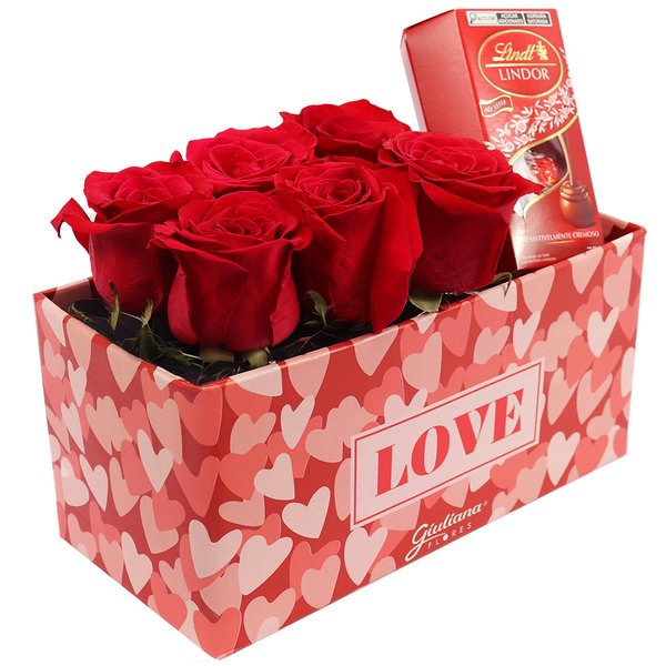 Box Love com Rosas Vermelhas e Bombom Lindt