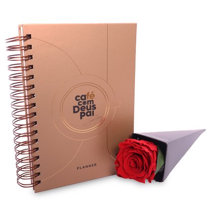 Cone de Rosa Encantada Vermelha e Planner Café com Deus Pai