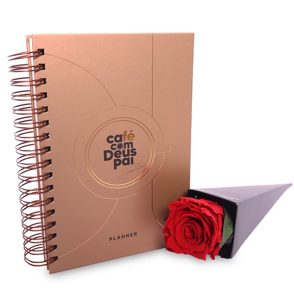 Cone de Rosa Encantada Vermelha e Planner Café com Deus Pai