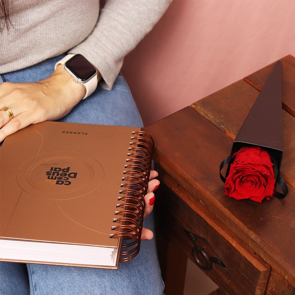 Cone de Rosa Encantada Vermelha e Planner Café com Deus Pai