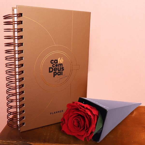 Cone de Rosa Encantada Vermelha e Planner Café com Deus Pai